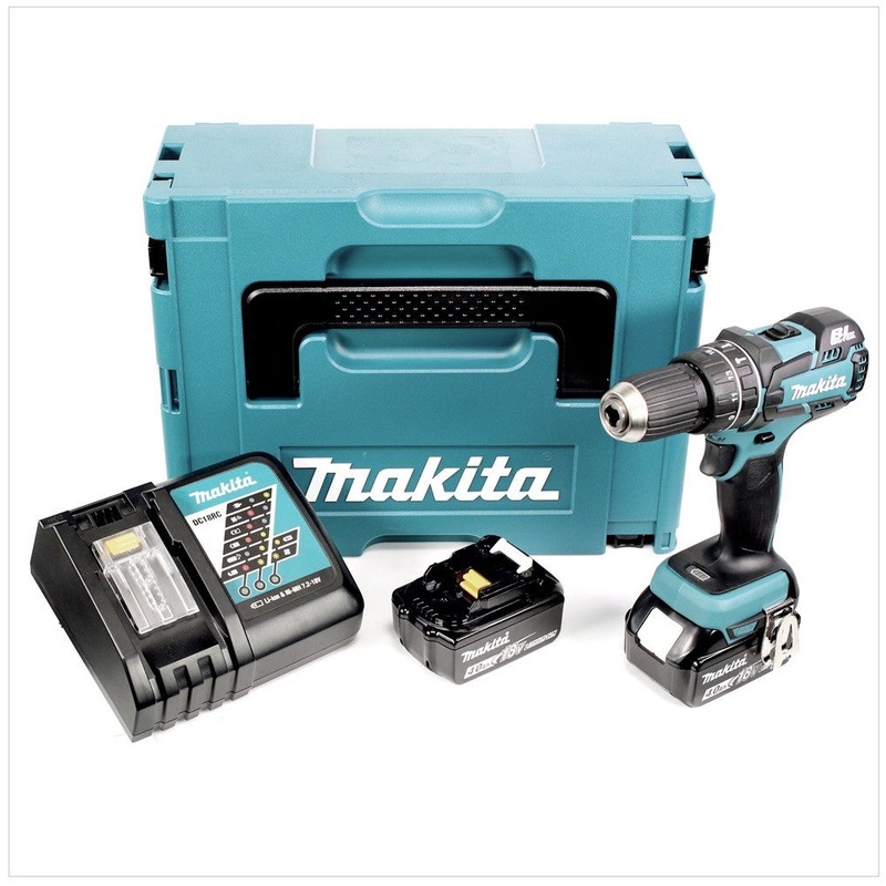 Taladro percutor inalmbrico Makita DHP 480 RMJ 18 V + batera 2 x 4 Ah y cargador en Makpac