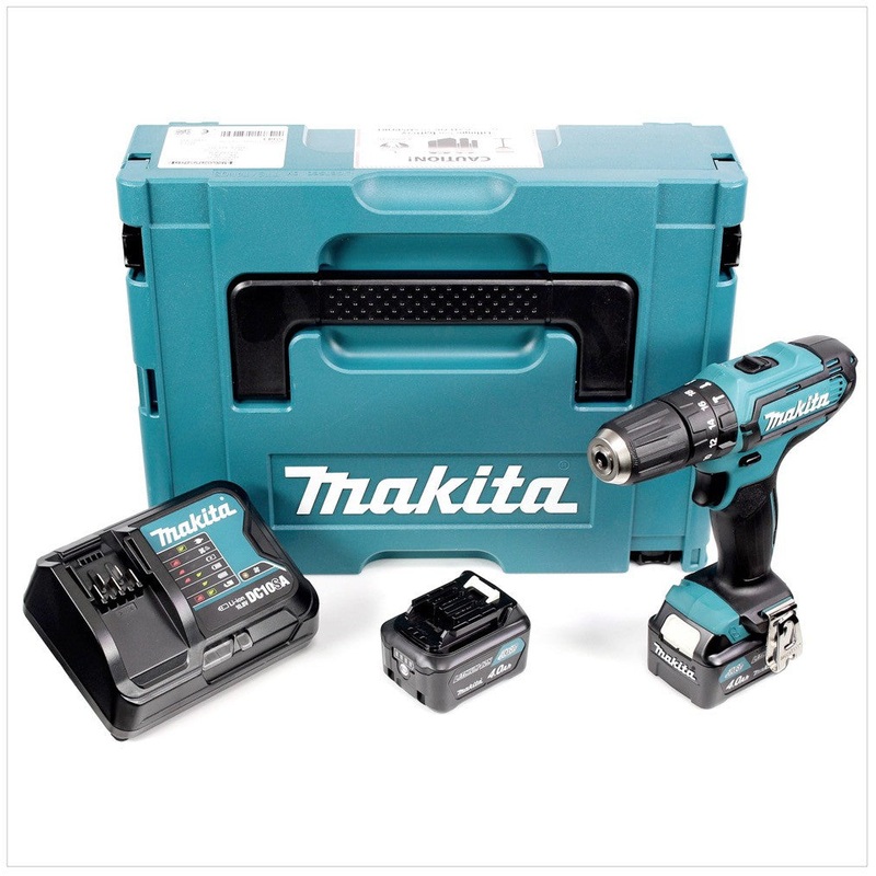 Taladro percutor inalmbrico Makita HP 331 DSMJ de 10,8 V con 2 bateras BL1040B de 4 Ah, cargador DC10SA en Makpac 1