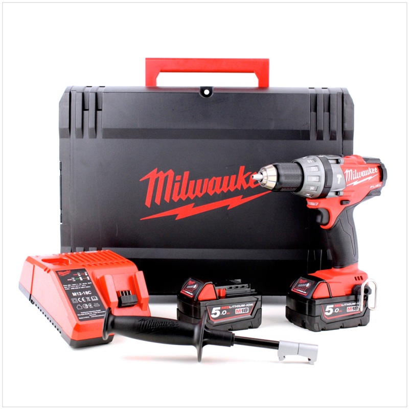 Taladro percutor inalmbrico sin escobillas Milwaukee M18 CPD 502 C de 18 V con 2 bateras de iones de litio de 5 Ah, cargador, maletn (4933448821)
