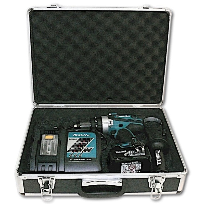 Taladro percutor Makita BHP 458 18 V Li-Ion + 1x batera Makita BL1830 B + cargador DC18RC + estuche universal de aluminio
