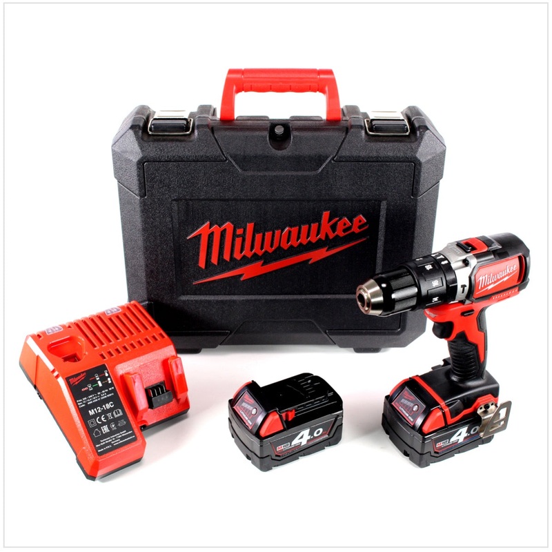 Batera sin escobillas Milwaukee M18 BLPD 402 C 18 V - taladro percutor en maletn + 2 bateras Li-ion rojas de 4,0 Ah + cargador de batera universal Milwaukee M12-18C