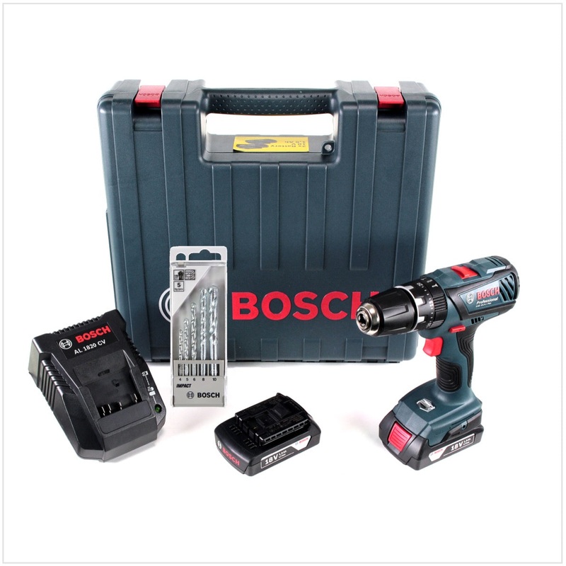 Bosch GSB 18-2-Li Plus Professional Taladro de impacto a batera de 18 V con 2 bateras de 1,5 Ah + cargador en maletn + juego de taladro para piedra Bosch de 5 piezas Impact 4 - 10 mm