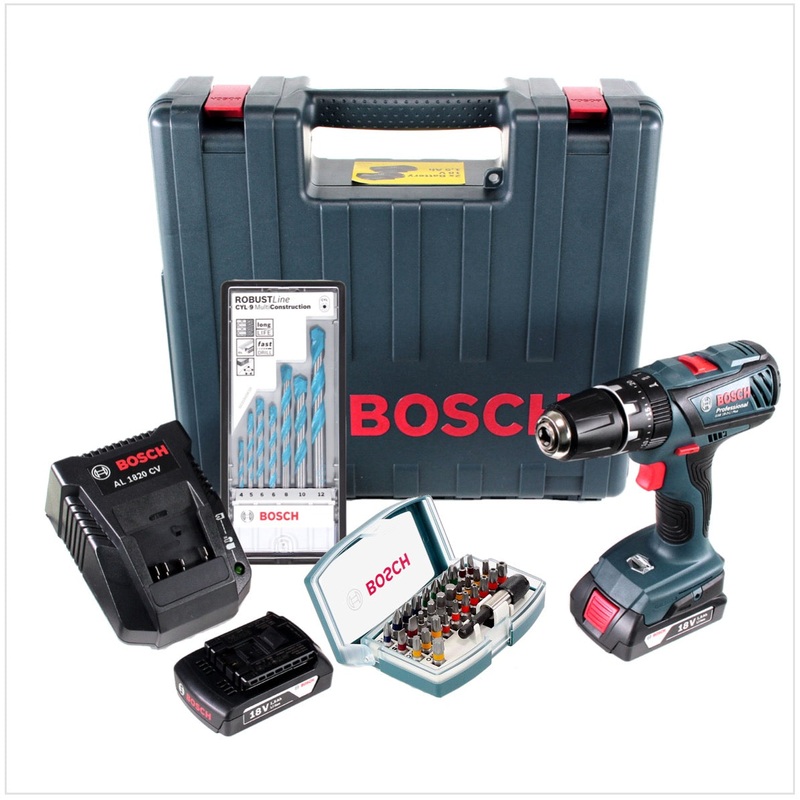 Bosch GSB 18-2-Li Plus Professional Taladro percutor a batera de 18 V con 2 bateras de 1,5 Ah + cargador + juego de broca y taladro en maletn