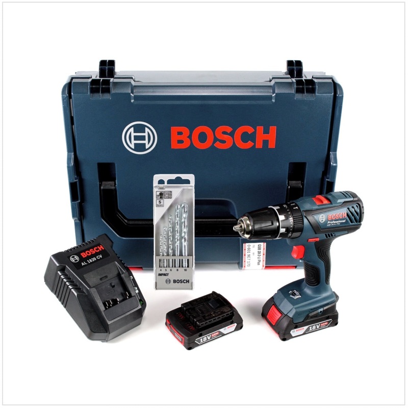 Bosch GSB 18-2-Li Plus Taladro de impacto a batera profesional con 2 bateras de 2 Ah + cargador + L-BOXX + juego de brocas para piedra Bosch de 5 piezas Impact 4 - 10 mm