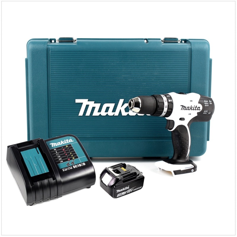 Makita DHP 453 RF1KW taladro percutor inalmbrico blanco 18 V 42Nm + 1x batera 3,0 Ah + cargador + maletn