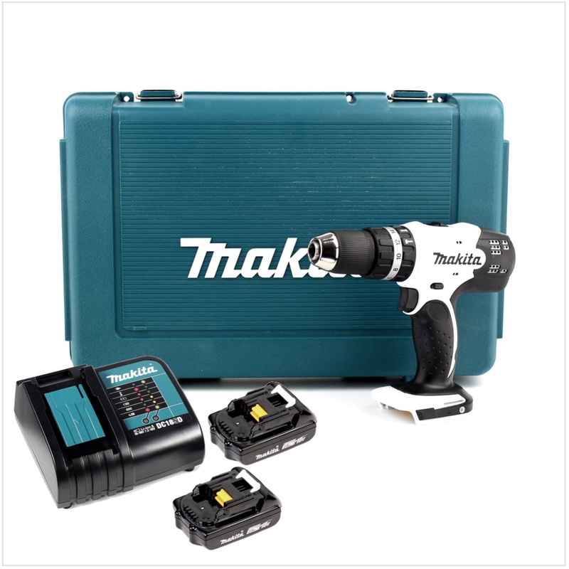 Makita DHP 453 SAE W taladro percutor inalmbrico 18 V 42 Nm blanco + 2x bateras 2,0 Ah + cargador + maletn