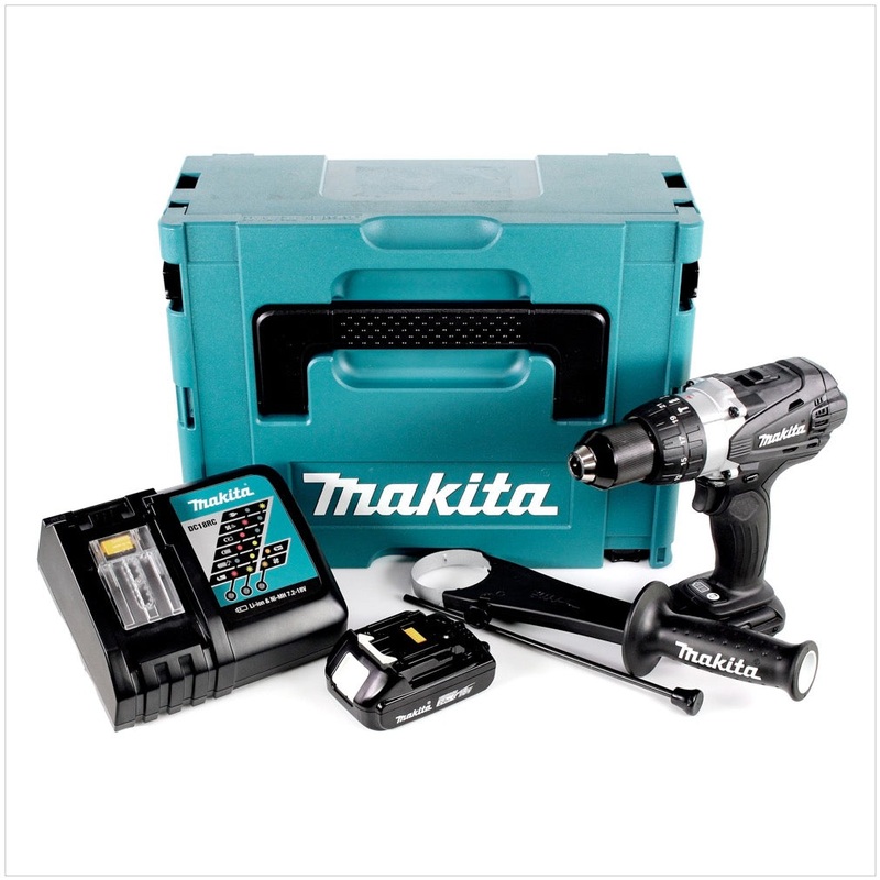 Makita DHP 458 RA1J B taladro percutor inalmbrico 18 V 91 Nm negro + 1x batera 2,0 Ah + cargador + Makpac