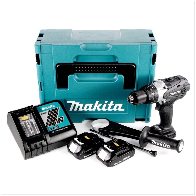 Makita DHP 458 RAJ B taladro percutor inalmbrico 18 V 91 Nm negro + 2x bateras 2,0 Ah + cargador + Makpac