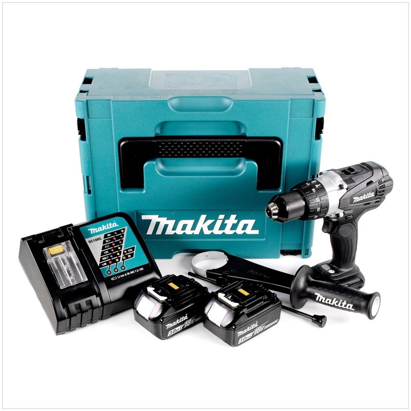 Makita DHP 458 RFJB taladro percutor inalmbrico 18 V 91 Nm negro en Makpac + 2 bateras de 3,0 Ah + cargador