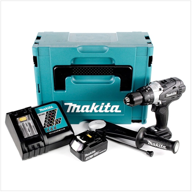 Makita DHP 458 RM1JB taladro percutor inalmbrico 18 V 91 Nm negro en Makpac + 1x batera 4,0 Ah + cargador