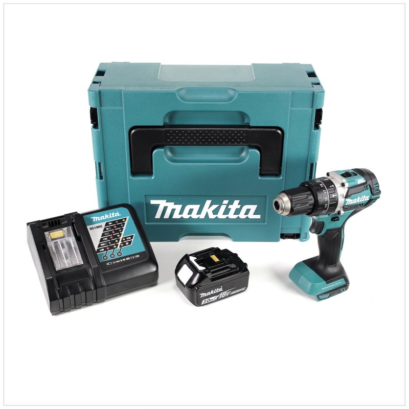 Makita DHP 484 RF1J Taladro percutor a batera de iones de litio de 18 V en Makpac, incluye 1 batera de 3,0 Ah y cargador
