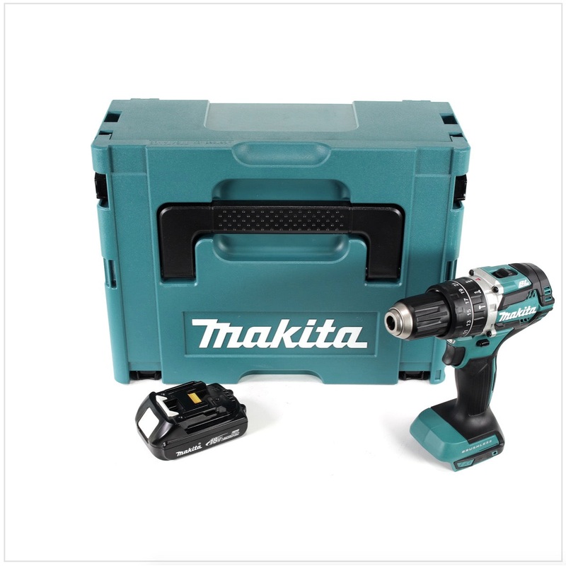 Makita DHP 484 Y1J Taladro percutor inalmbrico de iones de litio sin escobillas de 18 V en Makpac incl. 1 batera BL 1815 N de 1,5 Ah - sin cargador