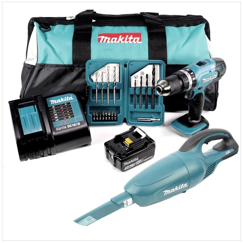 Makita DLX 2056 SX1 18 V - Set: taladro percutor DHP 453 + aspirador DCL 180 + 1x batera de 3,0 Ah, cargador en bolsa de herramientas