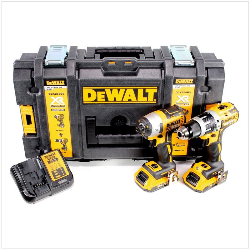 Set llave de impacto a batera DeWalt DCK 266 D2 + taladro de impacto a batera 18 V + bateras 2,0 Ah + cargador