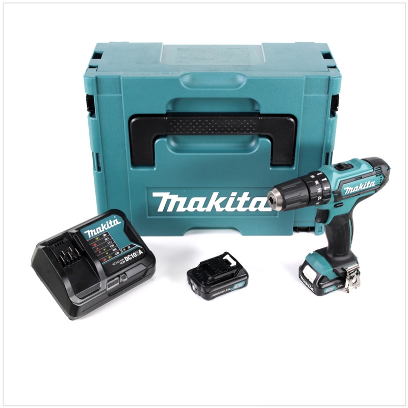 Taladro atornillador percutor Makita HP 331 DYMJ con batera de iones de litio de 10,8 V en Makpac + 2 bateras BL 1020 B de 2,0 Ah + cargador rpido DC 10 SA
