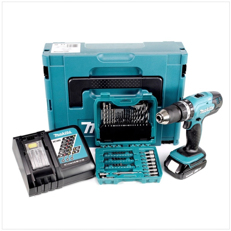 Taladro percutor inalmbrico Makita DHP 453 RA1J 18 V 42 Nm + 1x batera 2,0 Ah + cargador + juego de brocas de 60 piezas + Makpac