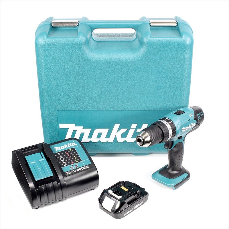 Taladro percutor inalmbrico Makita DHP 453 SA1TK 18 V 42 Nm + 1x batera 2,0 Ah + cargador + set de herramientas 101 piezas + maletn