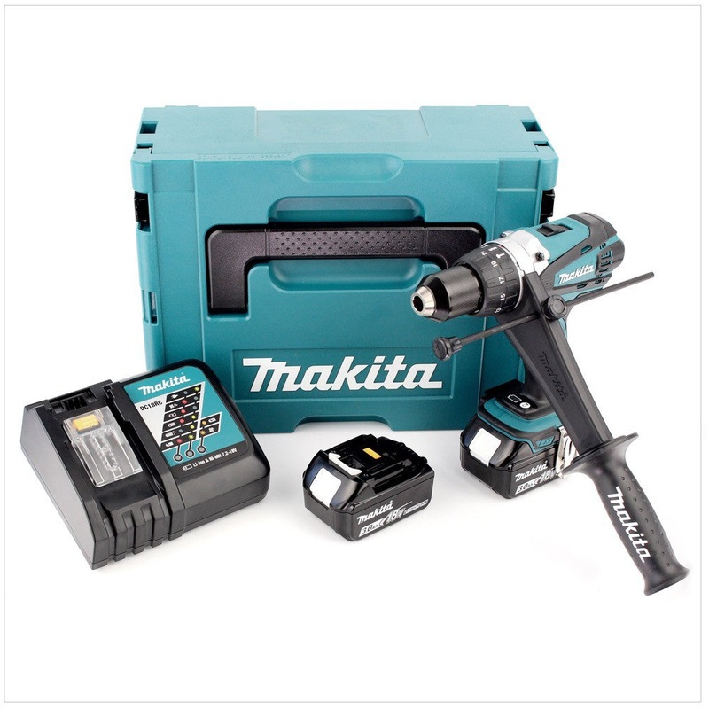 Taladro percutor inalmbrico Makita DHP 458 RFJ 18 V 91 Nm en Makpac + 2 bateras de 3 Ah + cargador + juego de brocas y brocas de 60 piezas