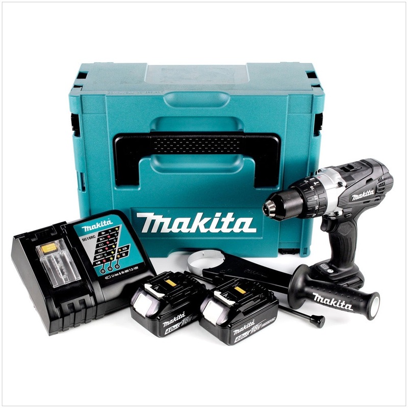 Taladro percutor inalmbrico Makita DHP 458 RMJB 18 V 91 Nm negro en Makpac + 2 bateras de 4,0 Ah + cargador