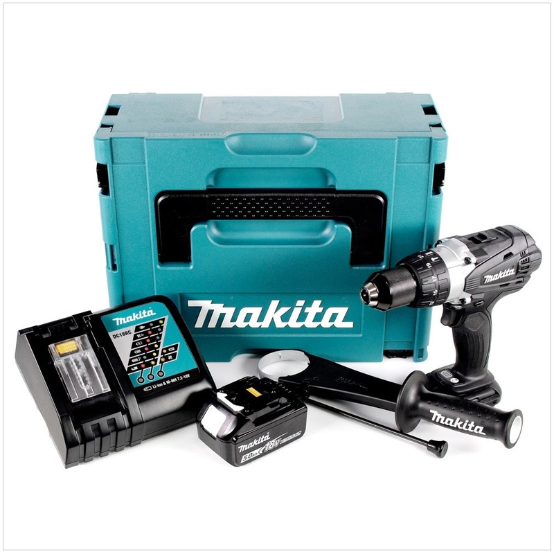 Taladro percutor inalmbrico Makita DHP 458 RT1JB 18 V 91 Nm negro en Makpac + 1 batera de 5,0 Ah + cargador