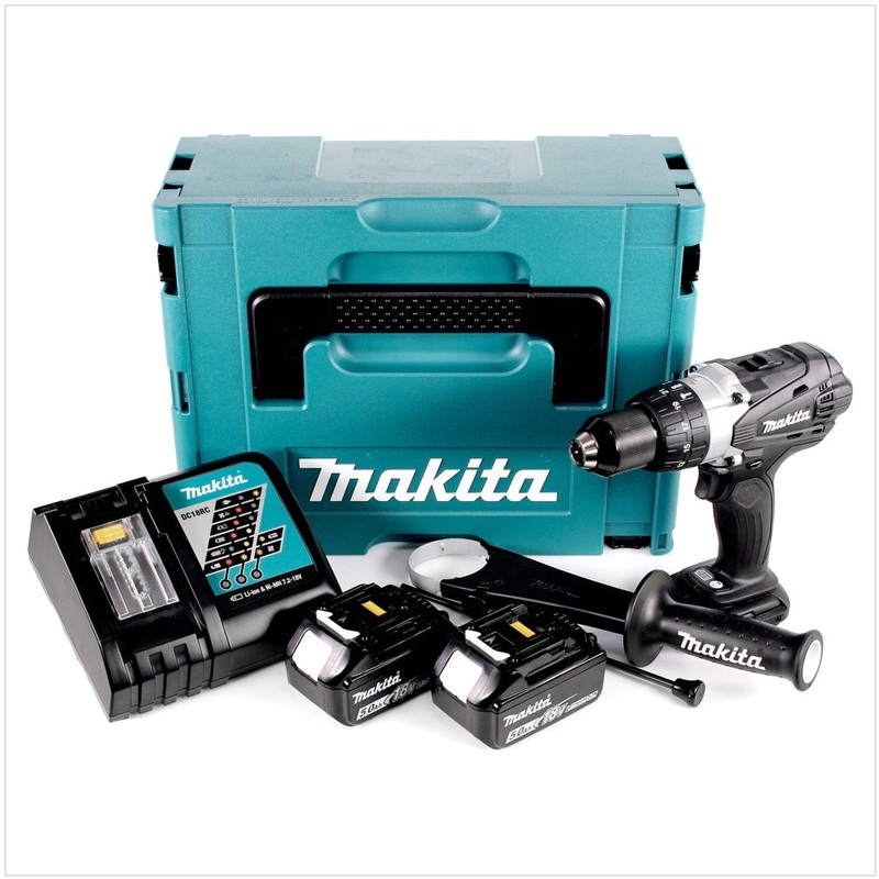 Taladro percutor inalmbrico Makita DHP 458 RTJB 18 V 91 Nm negro en Makpac + 2 bateras de 5,0 Ah + cargador