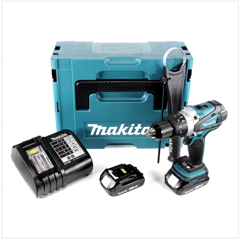 Taladro percutor inalmbrico Makita DHP 458 SAJ 18 V 91 Nm + 2x bateras 2,0 Ah + cargador + Makpac