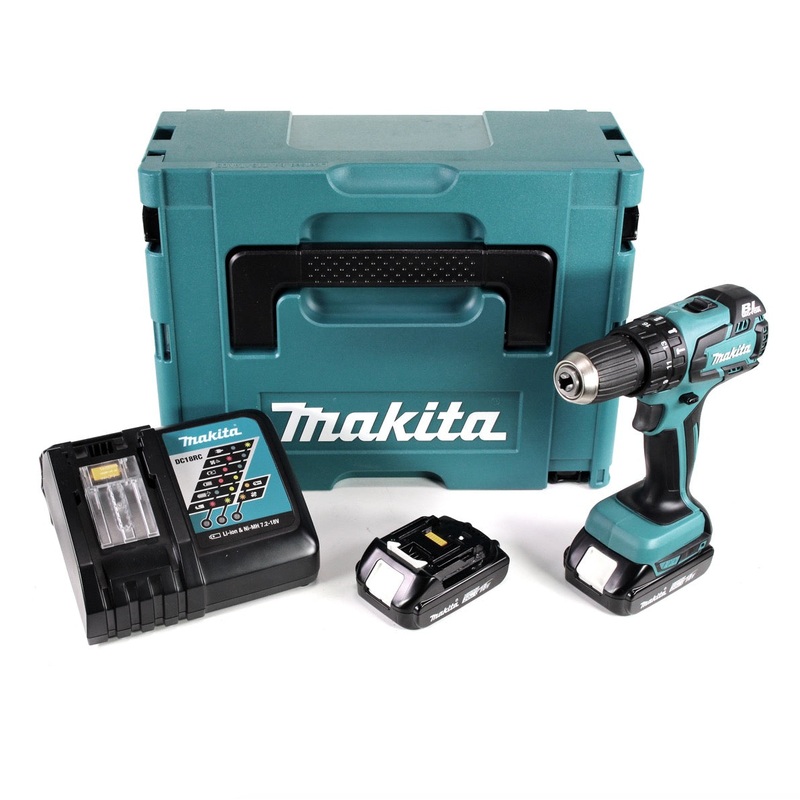 Taladro percutor inalmbrico Makita DHP 459 RAJ 18 V 45 Nm sin escobillas + 2x bateras 2,0 Ah + cargador + Makpac