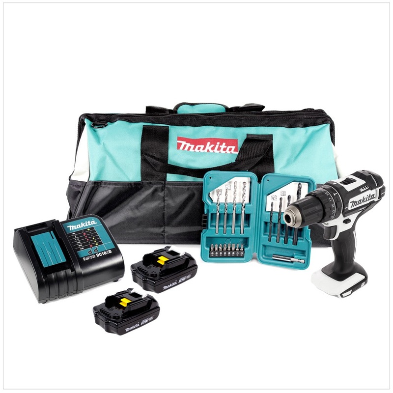 Taladro percutor inalmbrico Makita DHP 482 W 18 V 62 Nm + 2 bateras de 1,5 Ah + cargador + bolsa de herramientas + 17 piezas. Juego de brocas y taladros