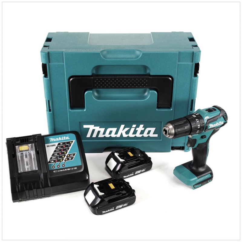 Taladro percutor inalmbrico Makita DHP 483 RAJ 18 V 40 Nm sin escobillas + 2x bateras 2,0 Ah + cargador + Makpac