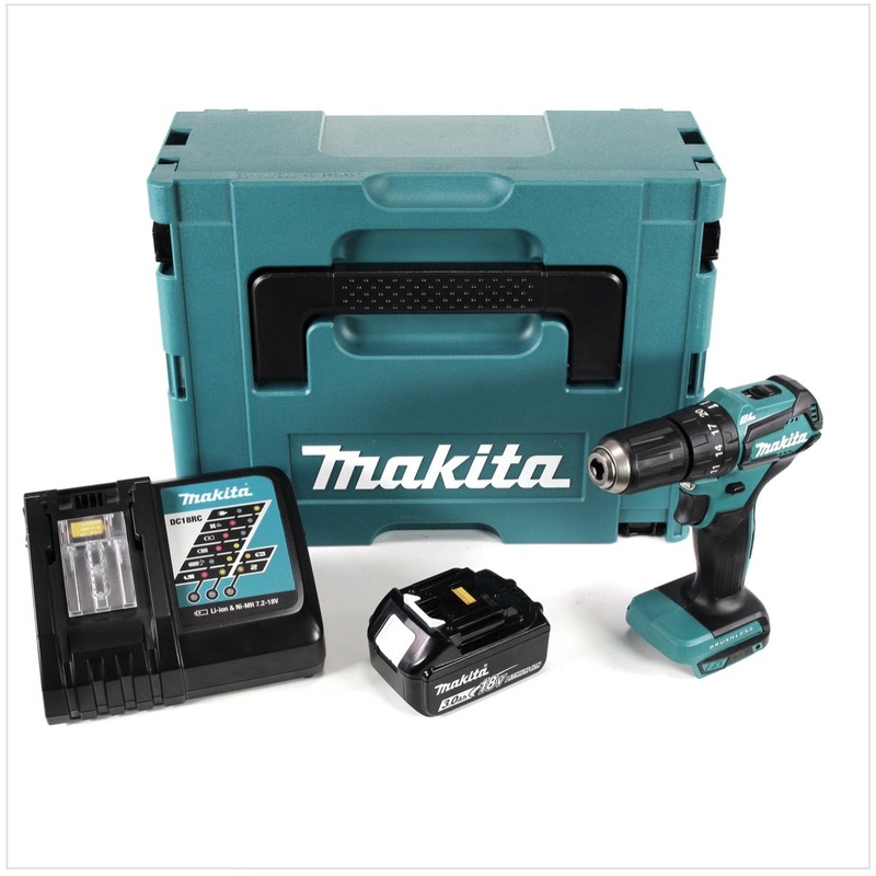 Taladro percutor inalmbrico Makita DHP 483 RF1J 18 V 40 Nm en Makpac + 1 batera de 3,0 Ah + cargador