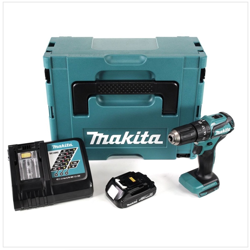 Taladro percutor inalmbrico Makita DHP 483 Y1J-D 18 V 40 Nm en Makpac + 1 batera de 1,5 Ah + cargador