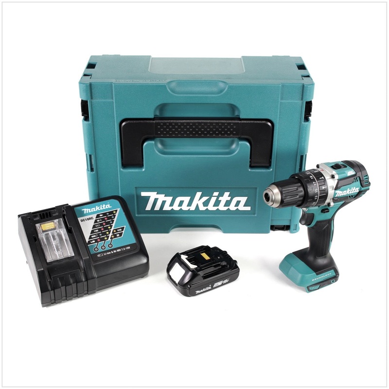 Taladro percutor inalmbrico Makita DHP 484 RA1J 18 V 54 Nm sin escobillas + 1x batera 2,0 Ah + cargador + Makpac