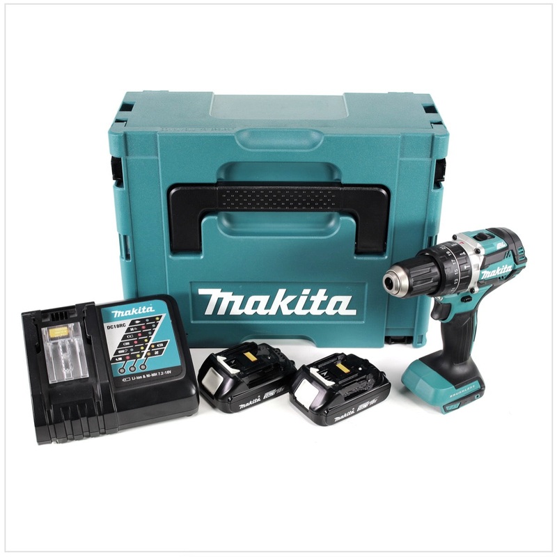 Taladro percutor inalmbrico Makita DHP 484 RAJ 18 V 54 Nm sin escobillas + 2 bateras 2,0 Ah + cargador + Makpac