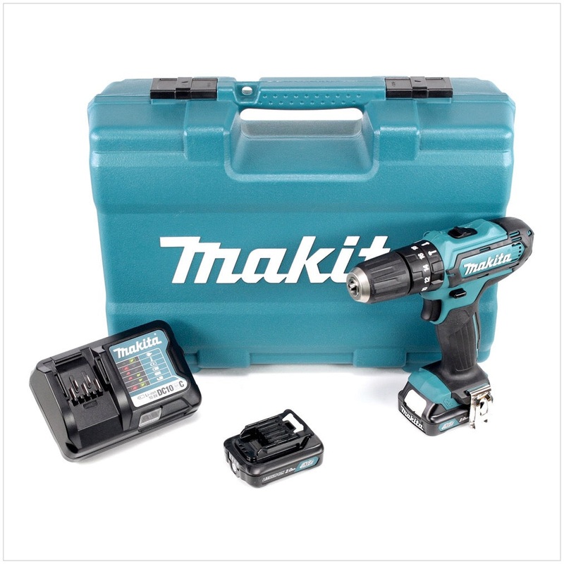 Taladro percutor inalmbrico Makita HP 331 DWAX1 10,8 V + 2 bateras BL1020B 2 Ah + cargador DC10WC + set de accesorios 74 piezas