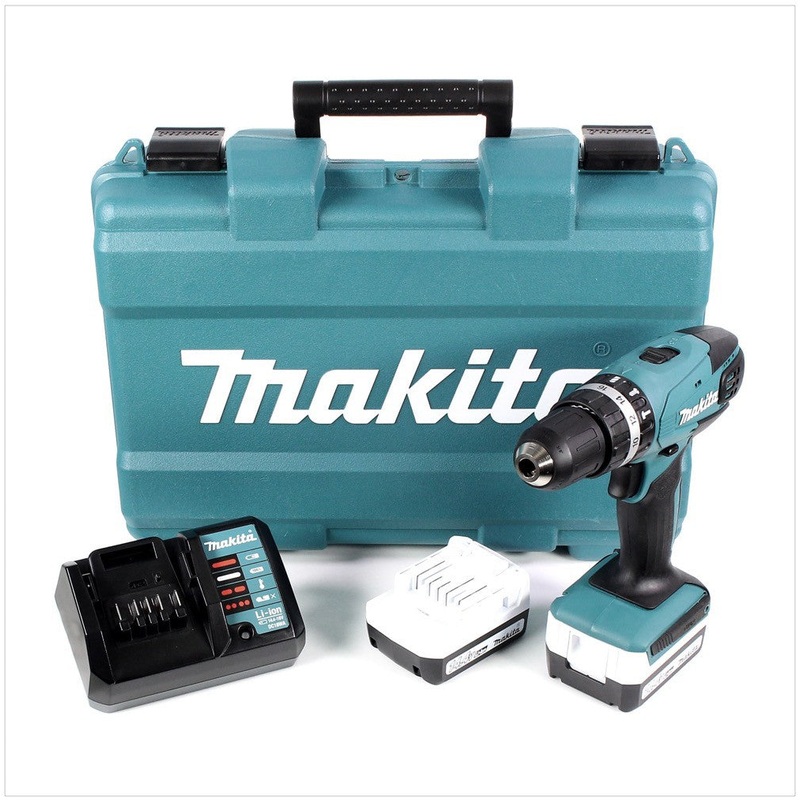 Taladro percutor inalmbrico Makita HP 347 DWE de iones de litio de 14,4 V con 2 bateras de 1,3 Ah y cargador