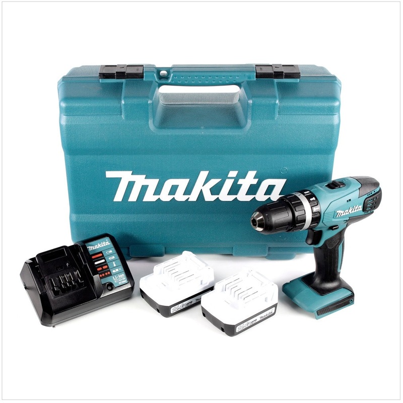 Taladro percutor inalmbrico Makita HP 347 DWEX3 en maletn de transporte con 74 accesorios + 2 bateras de 1,3 Ah y cargador DC18 WA
