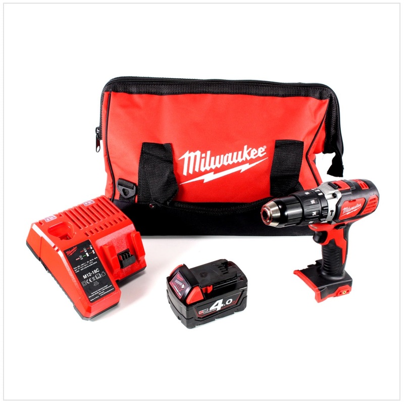 Taladro percutor inalmbrico Milwaukee M18 BPD 18 V en bolsa + 1x batera M18 B4 4.0 Ah 18 V Red Li-Ion + cargador de batera universal M12 - 18C