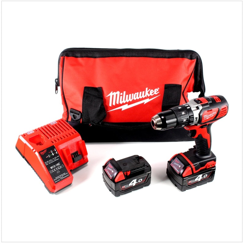 Taladro percutor inalmbrico Milwaukee M18 BPD 18 V en bolsa + 2x batera M18 B4 4.0 Ah 18 V Red Li-Ion + cargador de batera universal M12 - 18C