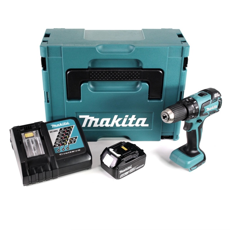 Taladro percutor inalmbrico sin escobillas Makita DHP 459 RM1J de 18 V en Makpac + 1 batera de 4,0 Ah + cargador DC18RC