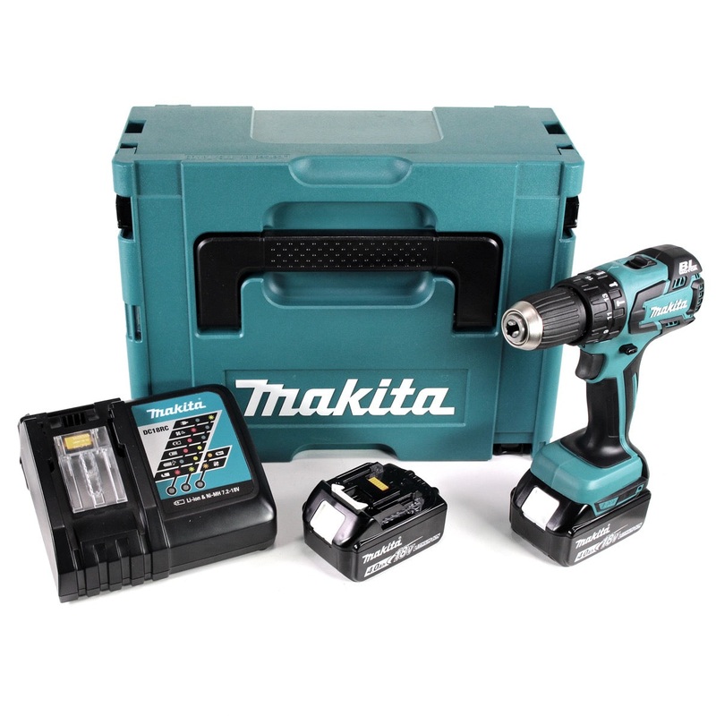 Taladro percutor inalmbrico sin escobillas Makita DHP 459 RMJ de 18 V en Makpac + 2 bateras de 4,0 Ah + cargador DC18RC