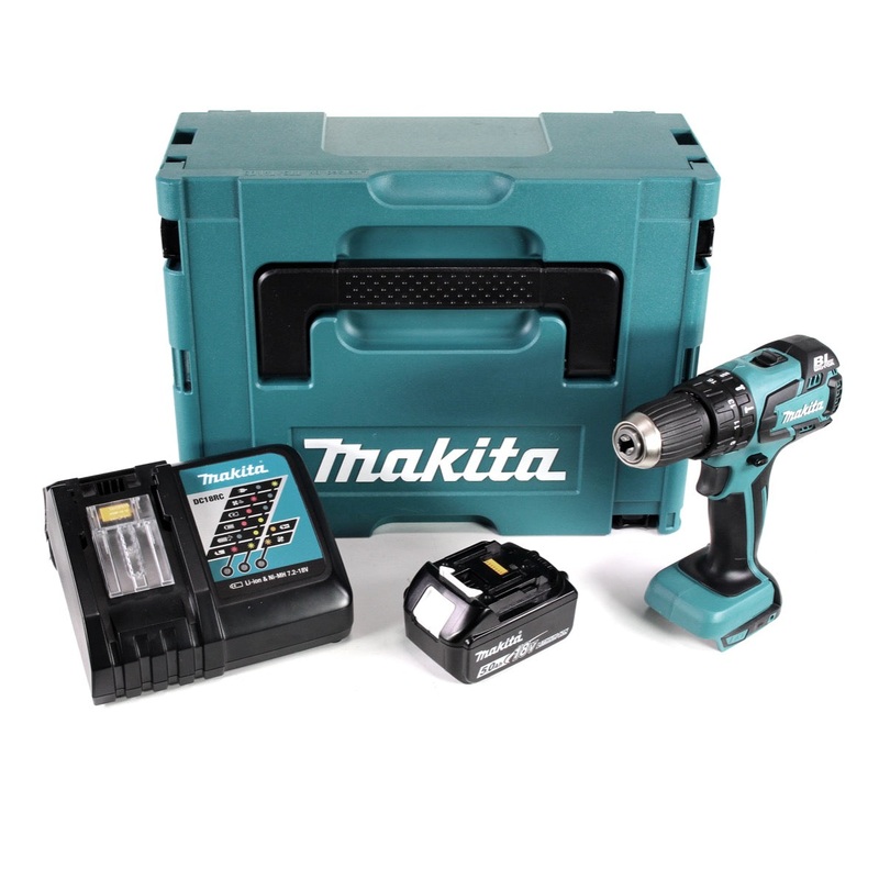 Taladro percutor inalmbrico sin escobillas Makita DHP 459 RT1J de 18 V en Makpac + 1 batera de 5,0 Ah + cargador DC18RC