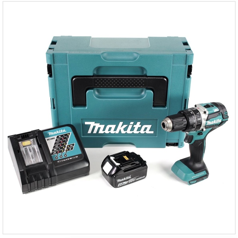 Taladro percutor inalmbrico sin escobillas Makita DHP 484 RM1J de iones de litio de 18 V en Makpac, incluye 1 batera BL 1840 B de 4,0 Ah y cargador DC18RC