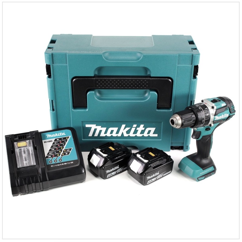 Taladro percutor inalmbrico sin escobillas Makita DHP 484 RMJ de iones de litio de 18 V en Makpac, incluye 2 bateras BL 1840 B de 4,0 Ah y cargador DC18RC
