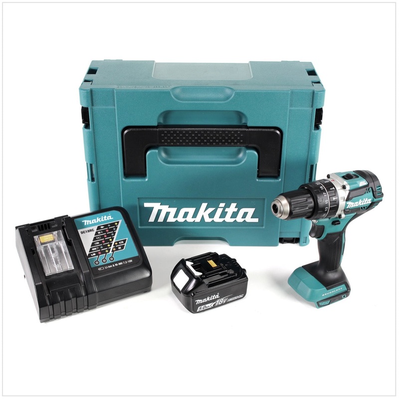 Taladro percutor inalmbrico sin escobillas Makita DHP 484 RT1J de iones de litio de 18 V en Makpac, incluye 1 batera BL 1850 B de 5,0 Ah y cargador DC18RC