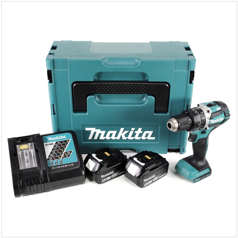 Taladro percutor inalmbrico sin escobillas Makita DHP 484 RTJ de iones de litio de 18 V en Makpac, incluye 2 bateras BL 1850 B de 5,0 Ah y cargador DC18RC