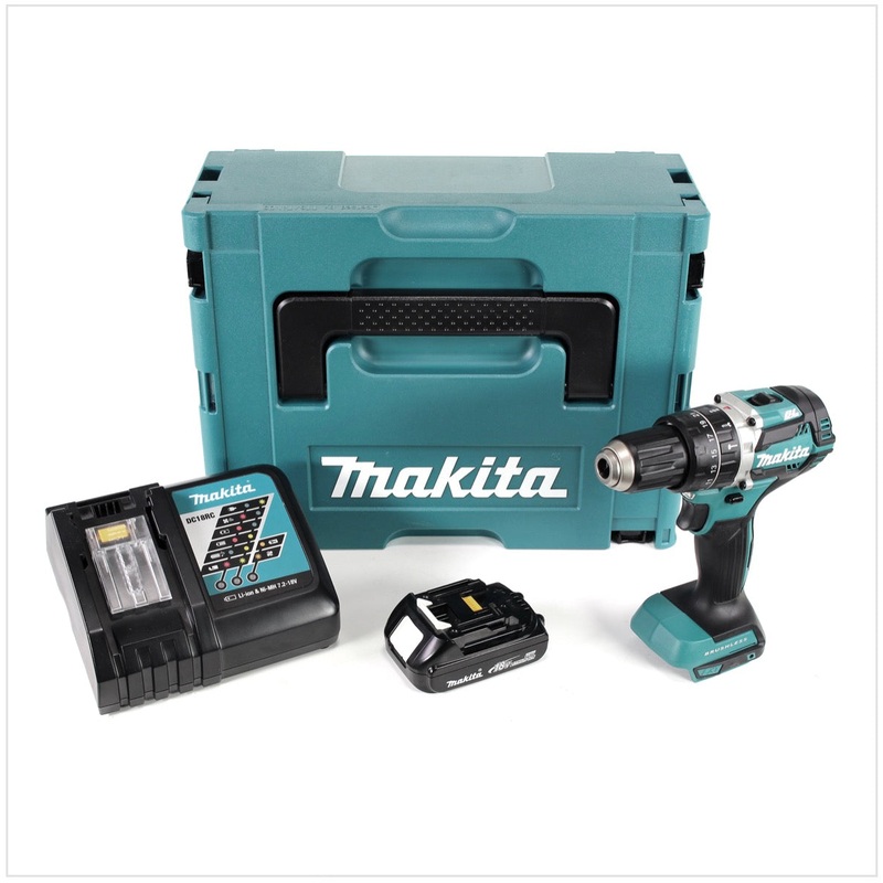 Taladro percutor inalmbrico sin escobillas Makita DHP 484 Y1J-D de iones de litio de 18 V en Makpac, incluye 1 batera BL 1815 N de 1,5 Ah y cargador DC18RC