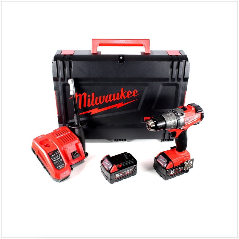 Taladro percutor inalmbrico sin escobillas Milwaukee M18 FPD 502X 18 V en maletn de sistema + 2 bateras de iones de litio rojas de 5,0 Ah + cargador RapidCharge