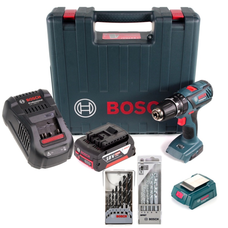 Bosch GSB 18-2-Li Plus Professional Taladro atornillador de percusin a batera 18V + Maletn + 1x Batera 6,0 Ah + Cargador GAL1880CV + 2x Juego de brocas (1x para madera/1x para mampostera) + Adaptador Cargador USB GAA 18V-24
