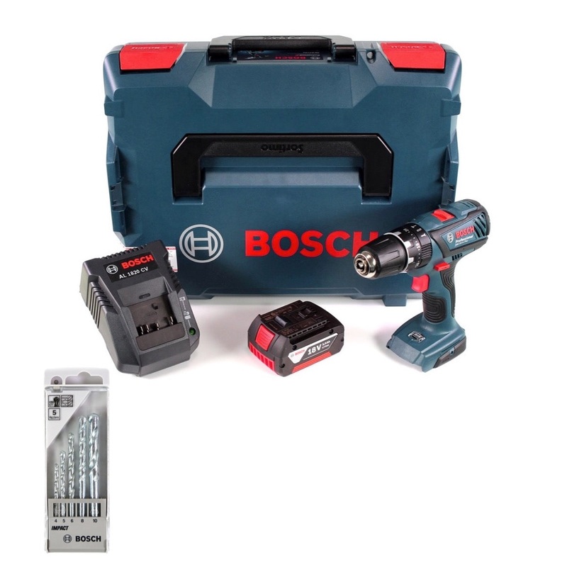 Bosch GSB 18-2-Li Plus Professional Taladro percutor a batera de 18 V en L-Boxx con 1 batera GBA 3,0 Ah + cargador + juego de taladro para piedra Bosch de 5 piezas Impact 4 - 10 mm