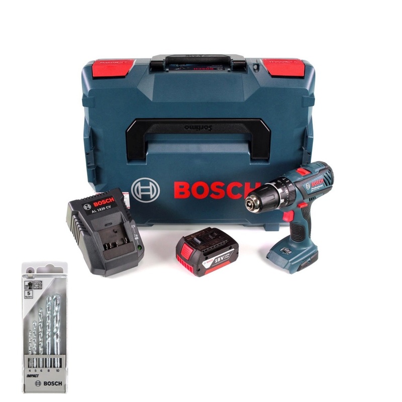 Bosch GSB 18-2-Li Plus Professional Taladro percutor a batera de 18 V en L-Boxx con 1 batera GBA 3,0 Ah y cargador + juego de taladro para piedra Bosch de 5 piezas Impact 4 - 10 mm